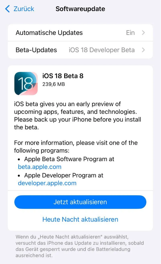 无锡苹果手机维修分享苹果 iOS / iPadOS 18 开发者预览版 Beta 8 发布 